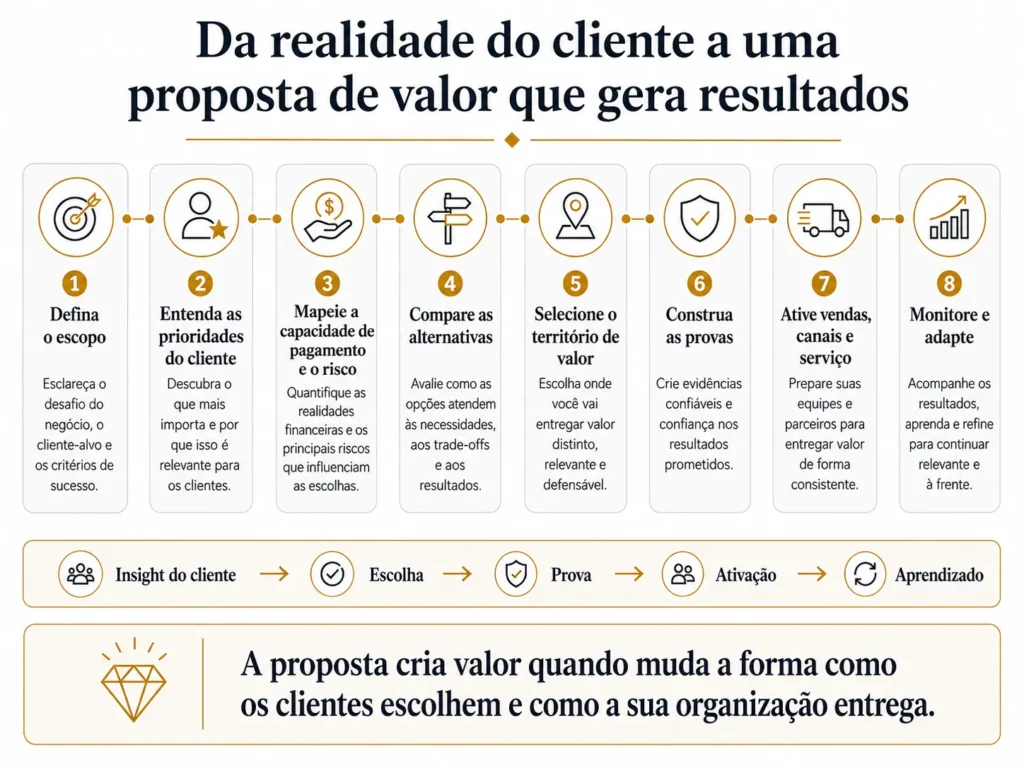 Processo da Midas em oito etapas para proposta de valor, passando do escopo e das prioridades dos clientes por capacidade de pagamento, alternativas, território de valor, evidências, ativação e monitoramento.