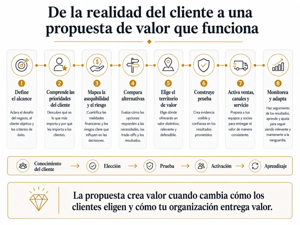 Proceso de propuesta de valor de Midas en ocho etapas, que avanza desde el alcance y las prioridades del cliente hasta la asequibilidad, las alternativas, el territorio de valor, las pruebas, la activación y el monitoreo.