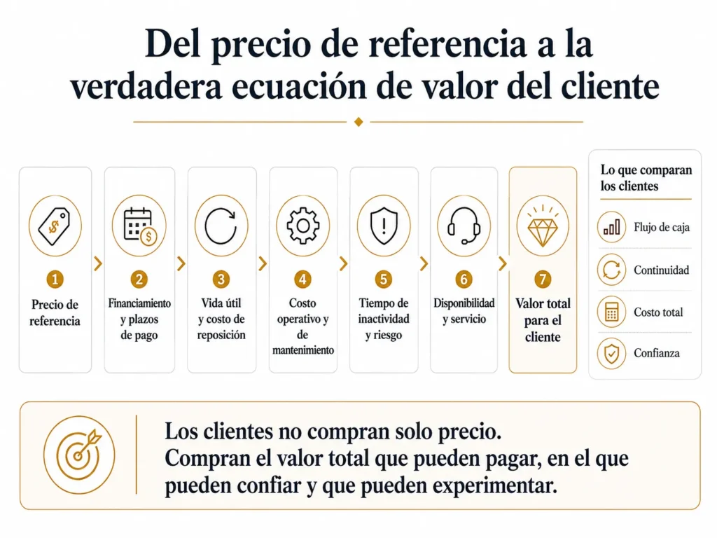 Ecuación de valor para el cliente de Midas, que avanza desde el precio visible, pasando por el financiamiento, la vida útil, el costo operativo, el tiempo de inactividad, la disponibilidad, el servicio y la productividad, hasta el valor económico total.