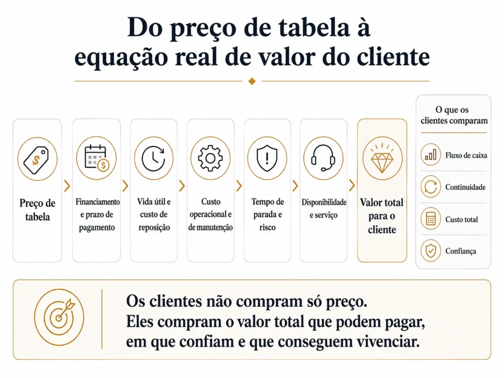Equação de valor para o cliente da Midas, passando do preço de etiqueta por financiamento, vida útil, custo operacional, tempo de inatividade, disponibilidade, serviço e produtividade até o valor econômico total.