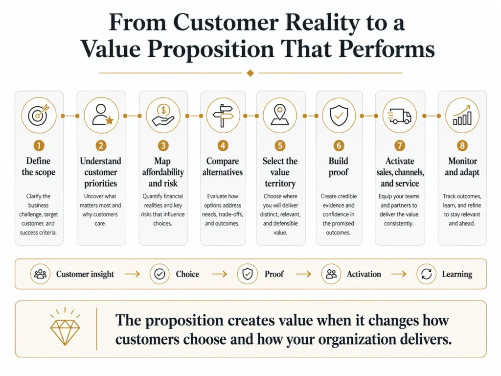 Midas eight-stage Argentina value proposition process moving from scope and customer priorities through affordability, alternatives, value territory, proof, activation, and monitoring.