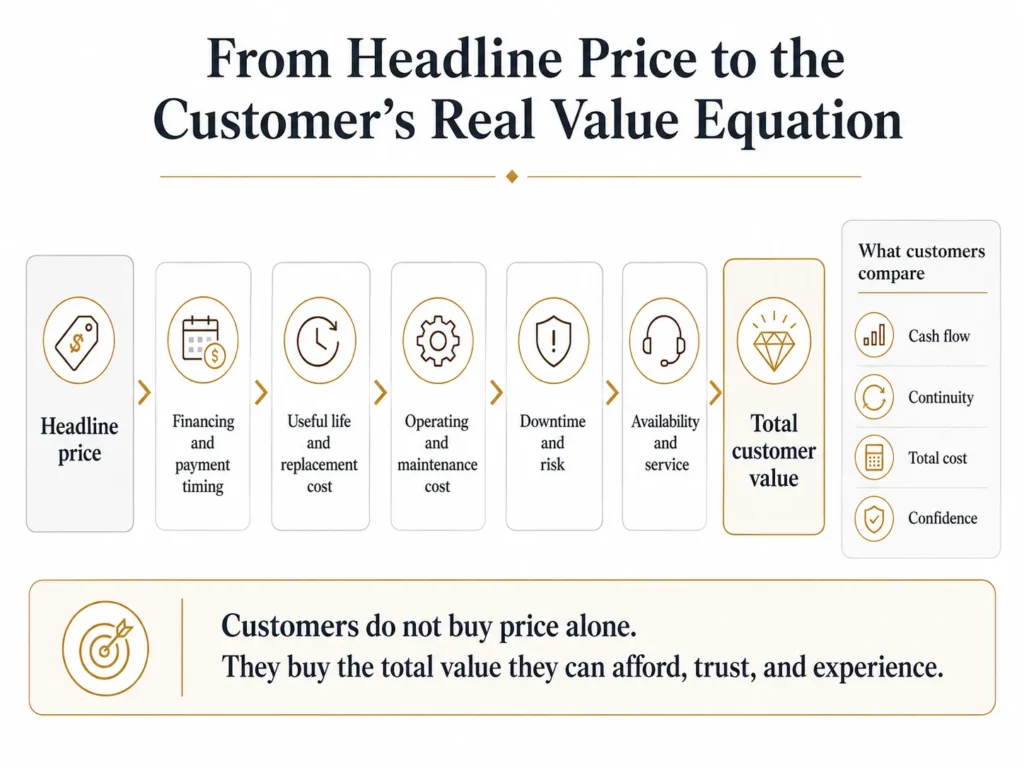Midas Argentina customer value equation moving from headline price through financing, useful life, operating cost, downtime, availability, service, and productivity to total economic value.