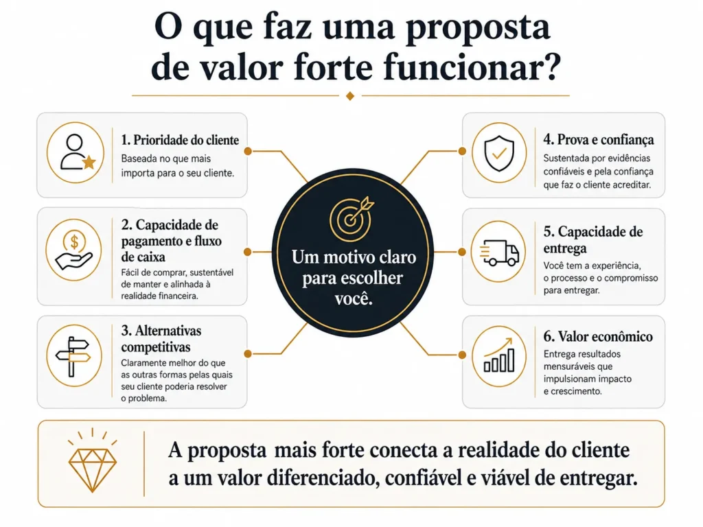 Framework da Midas para proposta de valor, conectando um motivo claro para escolher a empresa às prioridades do cliente, capacidade de pagamento, inflação, alternativas, evidências, confiança e capacidade de entrega.