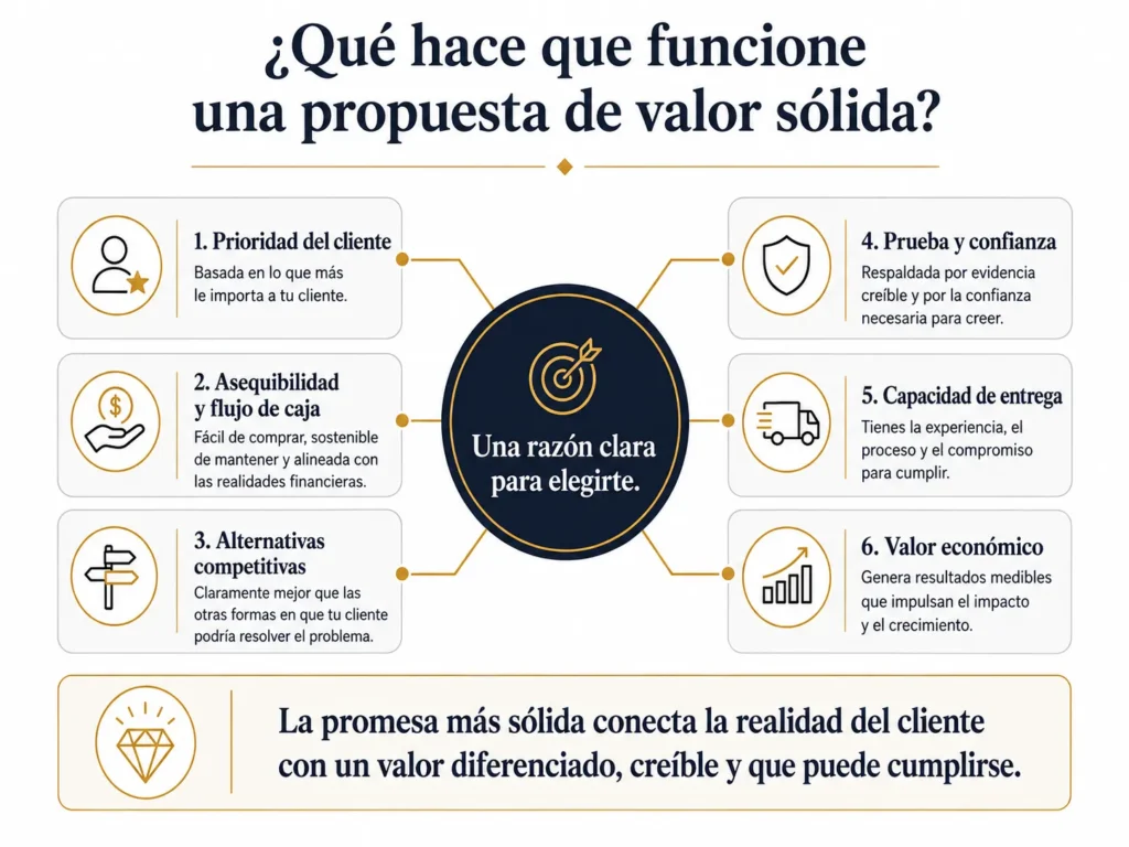 Marco de propuesta de valor de Midas que conecta una razón clara para elegir a la empresa con las prioridades del cliente, la asequibilidad, la inflación, las alternativas, las pruebas, la confianza y la capacidad de cumplimiento.