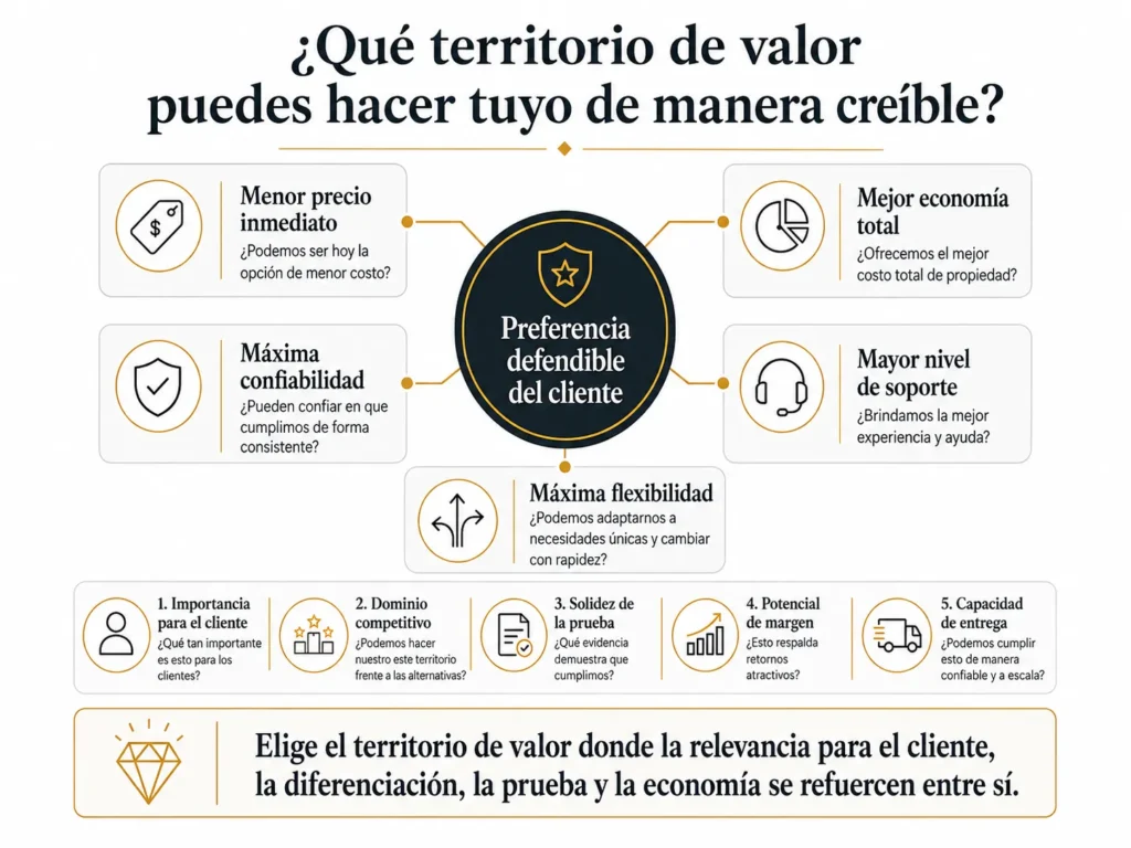 Marco de territorios de valor de Midas que compara precio inmediato, economía total, confiabilidad, soporte local y flexibilidad según la importancia para el cliente, la competencia, las pruebas, el margen y la capacidad de cumplimiento.