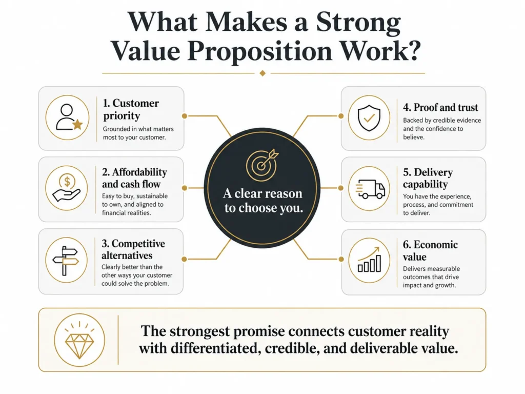 Midas Argentina value proposition framework connecting a clear reason to choose the company with customer priority, affordability, inflation, alternatives, proof, trust, and delivery capability.