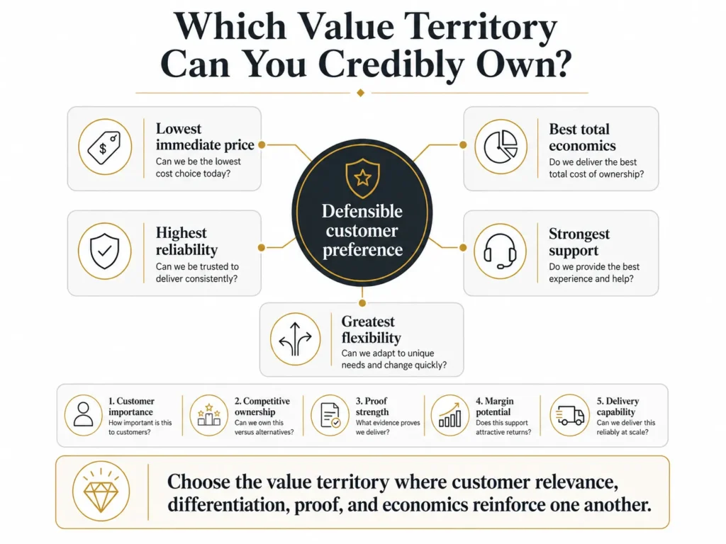 Midas Argentina value territory framework comparing immediate price, total economics, reliability, local support, and flexibility according to customer importance, competition, proof, margin, and delivery.