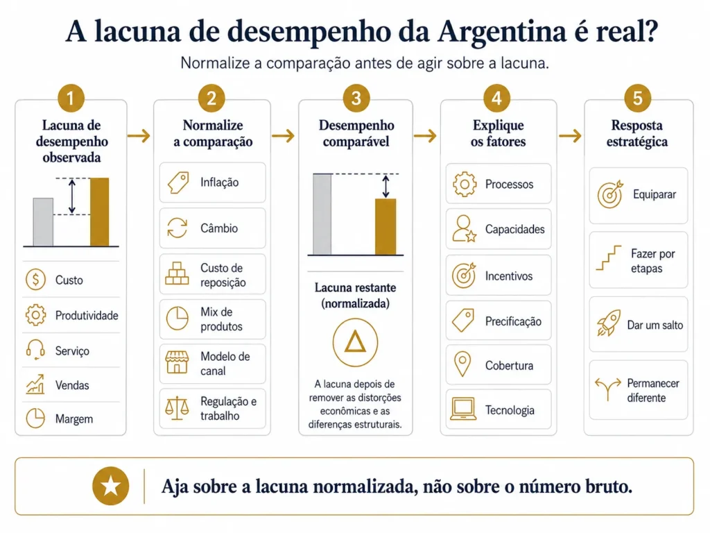 Processo de benchmarking da Midas na Argentina em cinco etapas, que parte dos resultados observados e passa pela inflação, pelo câmbio, pela normalização do modelo operacional, pela explicação das lacunas e pela resposta estratégica.