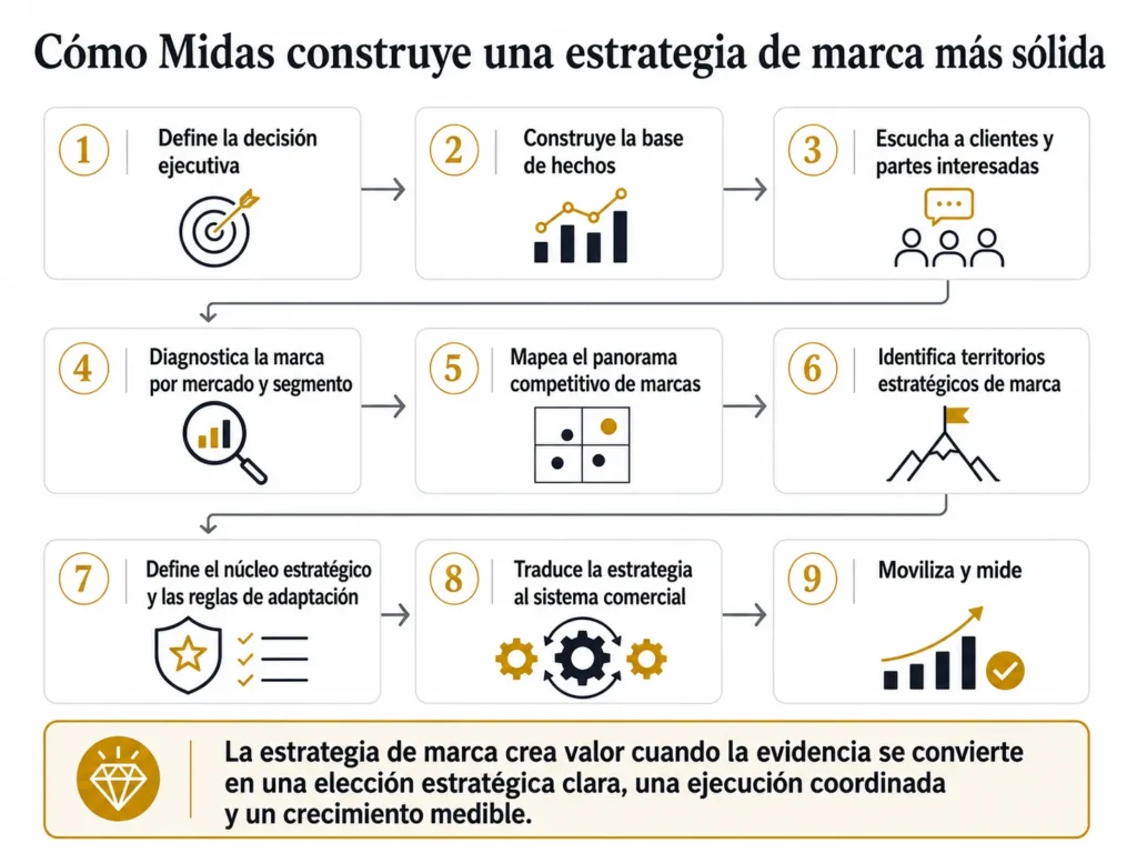 Proceso de estrategia de marca de Midas en nueve etapas: definir la decisión ejecutiva, construir la base regional de evidencia, escuchar a clientes y stakeholders, diagnosticar la marca por mercado y segmento, mapear el panorama competitivo, identificar territorios estratégicos de marca, definir el núcleo regional y las reglas de adaptación local, convertir la estrategia en el sistema comercial y movilizar y medir.