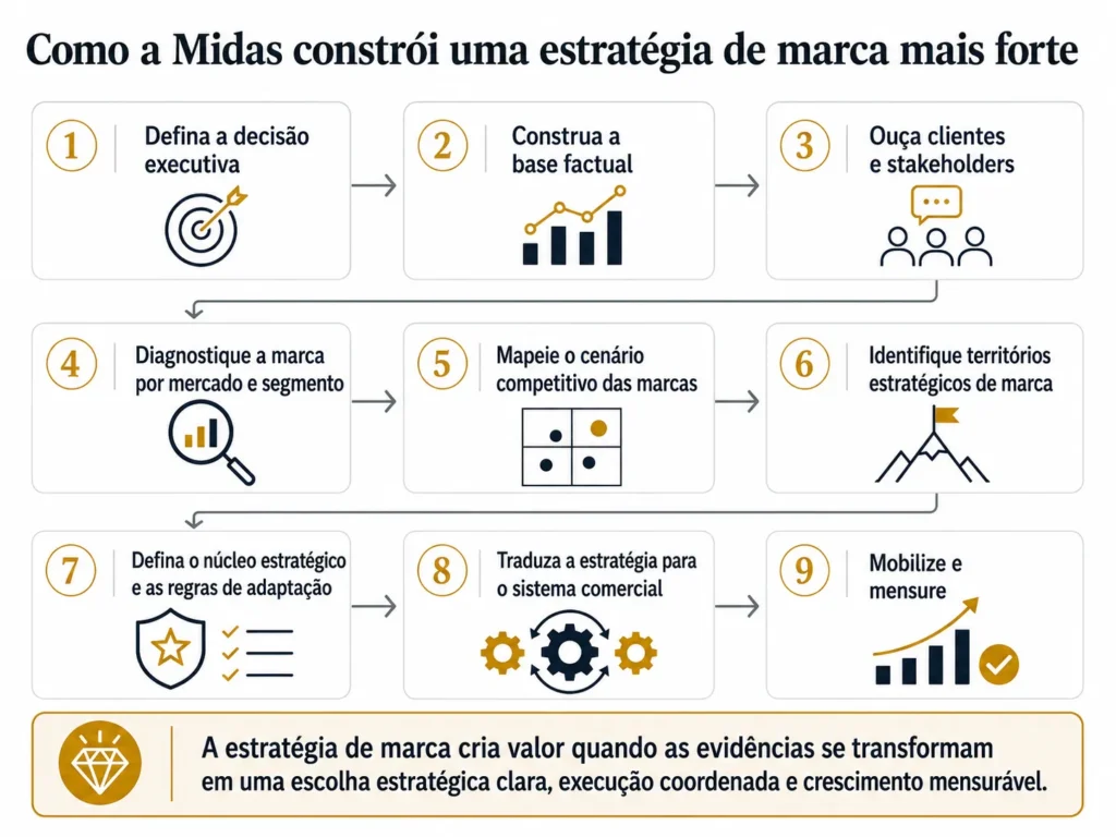 Processo de estratégia de marca da Midas em nove etapas: definir a decisão executiva, construir a base factual regional, ouvir clientes e stakeholders, diagnosticar a marca por mercado e segmento, mapear o cenário competitivo de marcas, identificar territórios estratégicos de marca, definir o núcleo e as regras de adaptação local, traduzir a estratégia para o sistema comercial e mobilizar e medir.