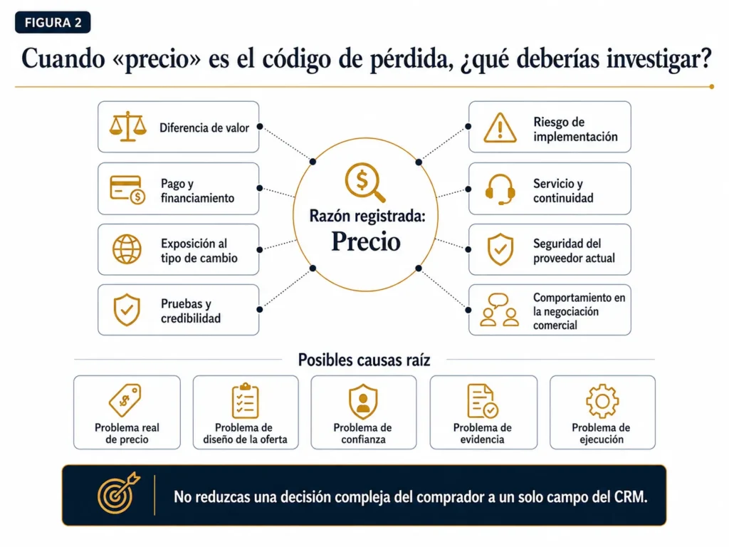 Marco de análisis win-loss de Midas que separa las explicaciones visibles del comprador, como precio, momento, presupuesto, otro proveedor y casa matriz, de los factores ocultos de decisión, incluidos confianza, credibilidad local, escucha, flexibilidad, confianza en la implementación, soporte posventa y relaciones con proveedores establecidos.