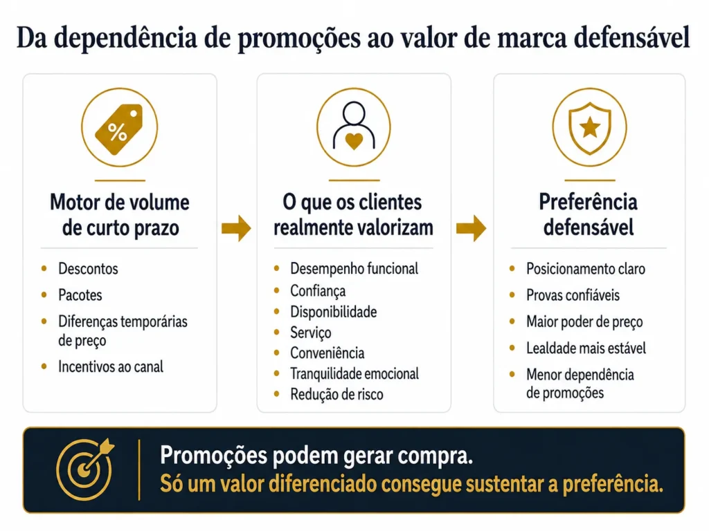 Caminho de branding da Midas que parte de descontos, pacotes, diferenças temporárias de preço e incentivos de canal, passa pelo diagnóstico do valor para o cliente e chega a um posicionamento claro, maior poder de precificação, lealdade mais estável e menor dependência promocional.