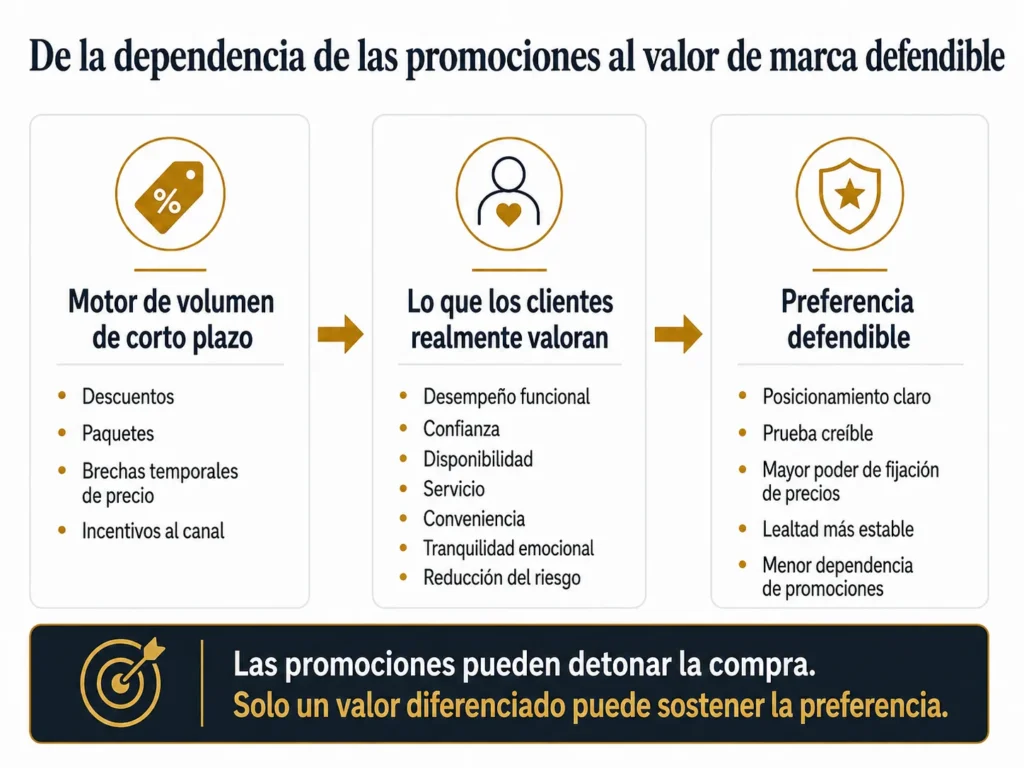 Ruta de branding de Midas que avanza desde los descuentos, paquetes, brechas temporales de precios e incentivos de canal, pasando por el diagnóstico del valor para el cliente, hasta un posicionamiento claro, mayor poder de fijación de precios, lealtad estable y menor dependencia promocional.
