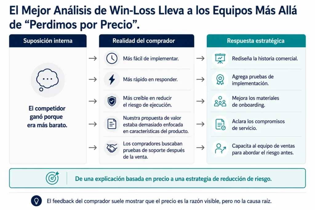 Visual ejecutivo de antes y después de Midas que muestra cómo el análisis win-loss llevó a una empresa desde el supuesto de que perdía por precio hacia insights de compradores sobre riesgo de implementación, velocidad de respuesta y prueba de valor, generando una respuesta estratégica más fuerte.