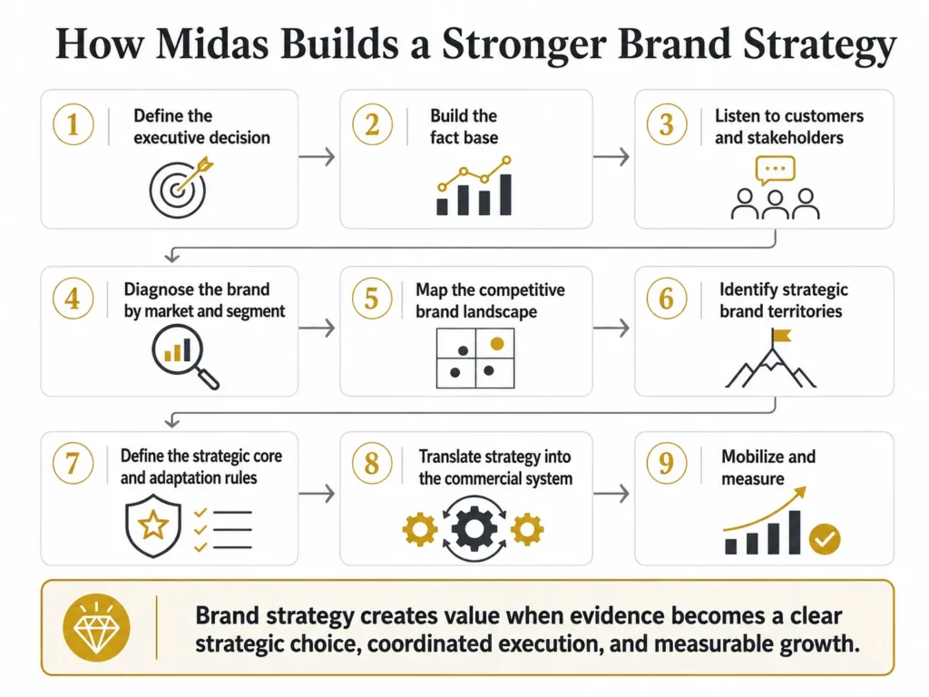 Processo regional de estratégia de marca da Midas em nove etapas: definir a decisão executiva, construir a base factual regional, ouvir clientes e stakeholders, diagnosticar a marca por mercado e segmento, mapear o cenário competitivo de marcas, identificar territórios estratégicos de marca, definir o núcleo regional e as regras de adaptação local, traduzir a estratégia para o sistema comercial e mobilizar e medir.