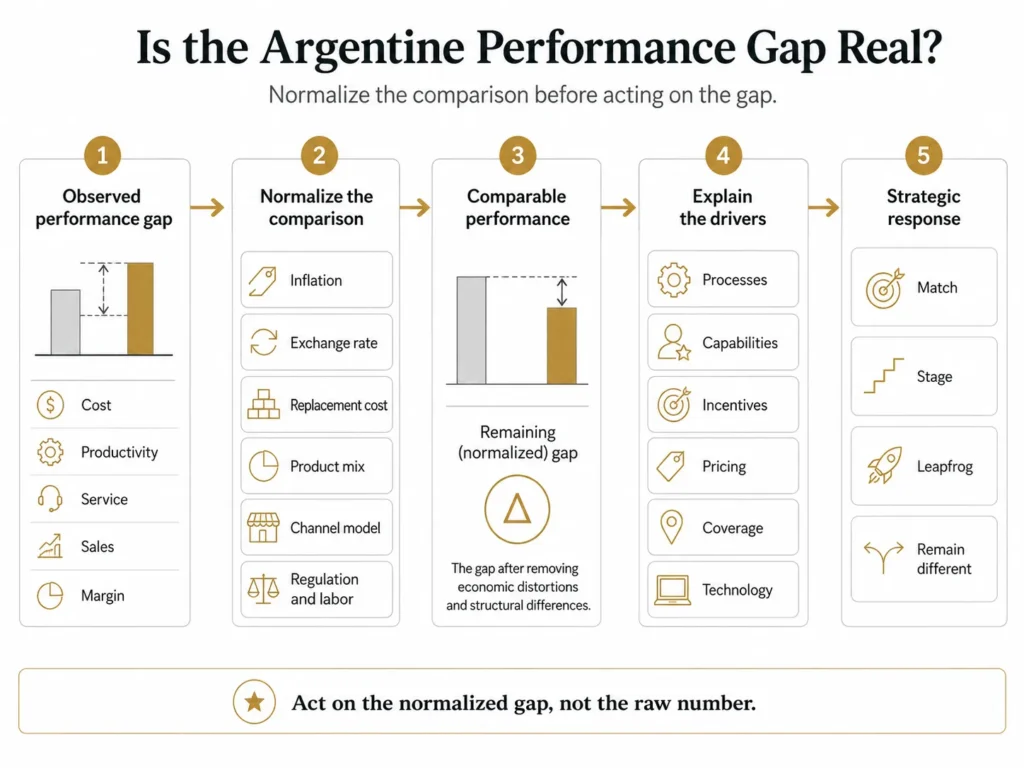Midas five-stage Argentina benchmarking process moving from observed results through inflation, currency, operating-model normalization, gap explanation, and strategic response.