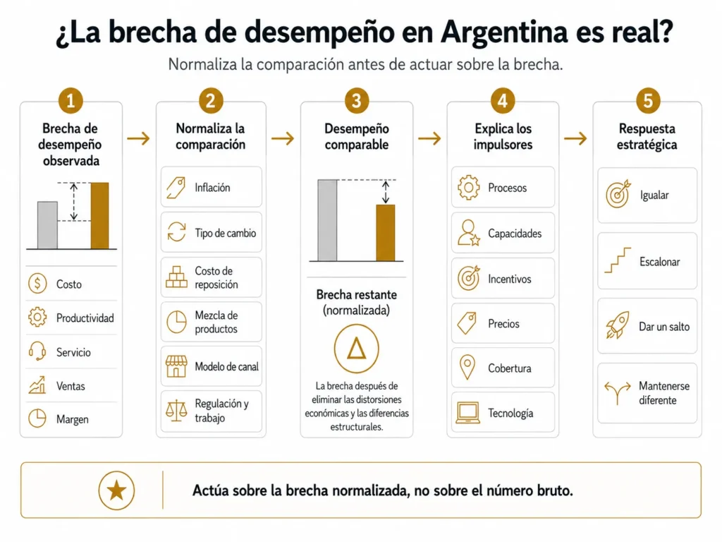 Proceso de benchmarking de Midas para Argentina en cinco etapas, que avanza desde los resultados observados, pasando por la inflación, el tipo de cambio, la normalización del modelo operativo y la explicación de la brecha, hasta la respuesta estratégica.