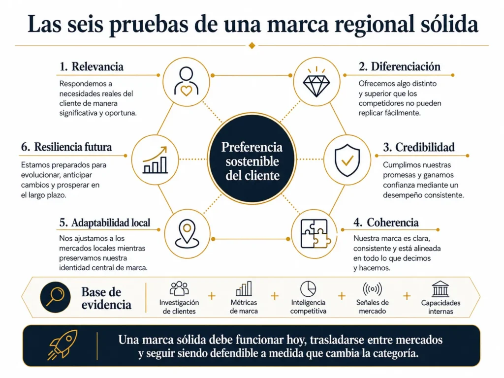 Evaluación regional de marca de Midas Consulting con seis perspectivas alrededor de una preferencia sostenible del cliente, respaldada por investigación de clientes, métricas de marca, inteligencia competitiva, señales de mercado y capacidad interna.