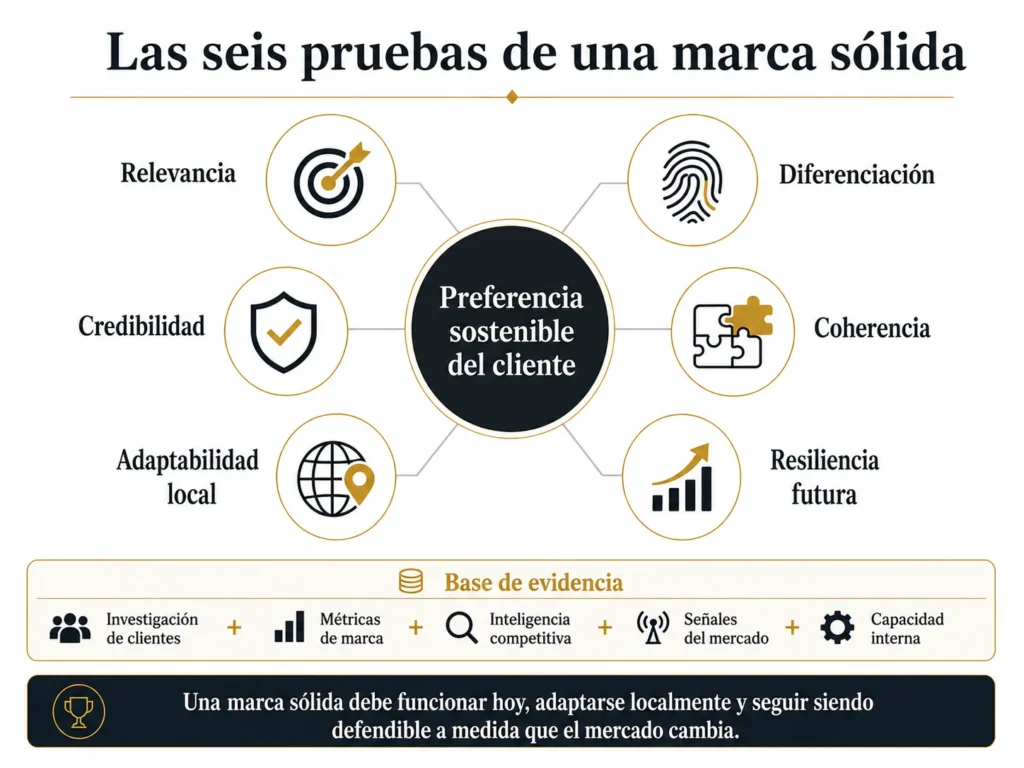 Marco de evaluación de consultoría de marca de Midas con seis pruebas: relevancia, diferenciación, credibilidad, coherencia, adaptabilidad local y resiliencia futura— alrededor de una preferencia sostenible del cliente y respaldado por investigación, métricas, inteligencia competitiva, señales de mercado y capacidad interna.