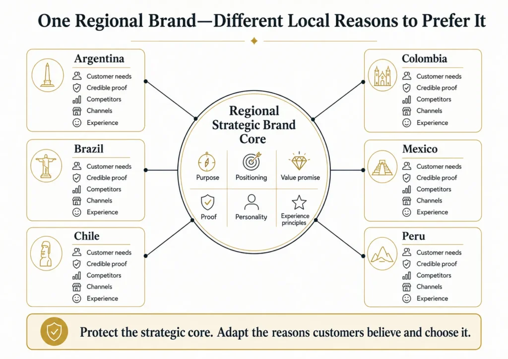 Midas regional brand strategy framework with a central strategic core connected para Argentina, Brasil, Chile, Colômbia, México, and Peru, showing how purpose, positioning, value, proof, personality, and experience are adapted to local customer needs and competitive realities.