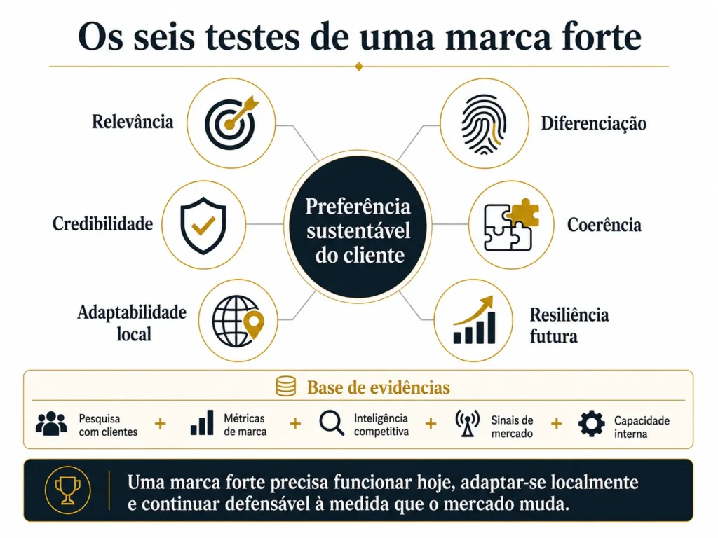 Framework de avaliação de consultoria de marca da Midas com seis testes: relevância, diferenciação, credibilidade, coerência, adaptabilidade local e resiliência futura — em torno da preferência sustentável do cliente, sustentada por pesquisa, métricas, inteligência competitiva, sinais de mercado e capacidade interna.