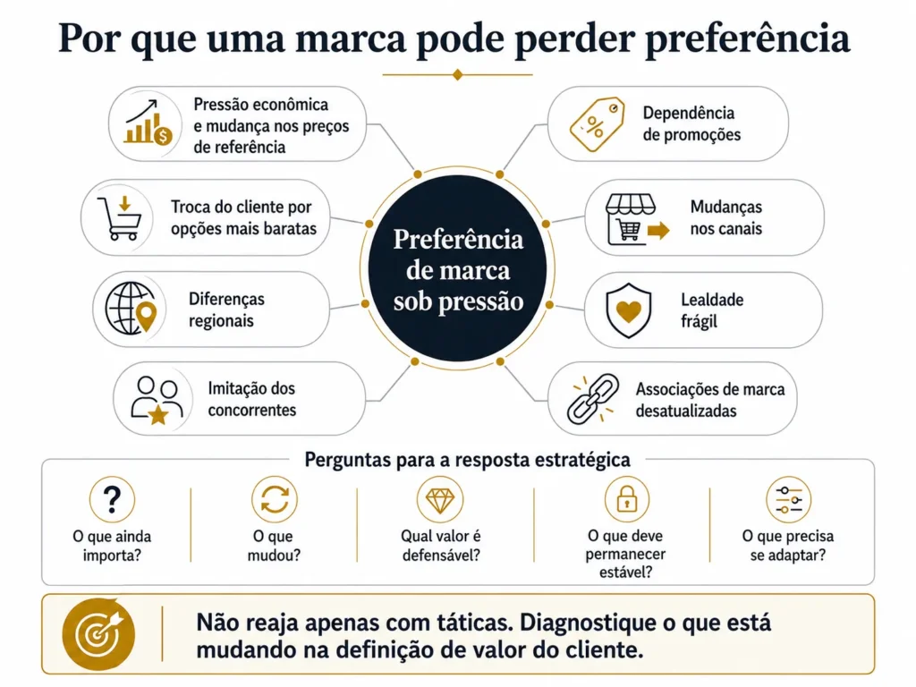 Framework de estratégia de marca da Midas mostrando a preferência pela marca sob pressão de inflação, promoções, migração para opções mais baratas, mudanças de canal, diferenças regionais, lealdade frágil, imitação por concorrentes e associações ultrapassadas, levando a questões estratégicas sobre relevância e adaptação.