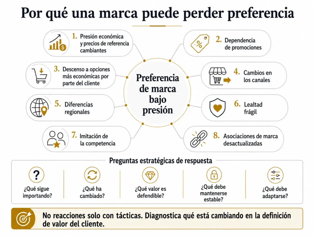 Marco de estrategia de marca de Midas que muestra la preferencia bajo presión por la inflación, las promociones, la migración hacia opciones más económicas, los cambios de canal, las diferencias regionales, la lealtad frágil, la imitación de los competidores y las asociaciones desactualizadas, lo que conduce a preguntas estratégicas sobre relevancia y adaptación.