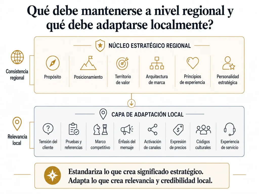 Arquitectura regional de marca de Midas en dos niveles, que separa un núcleo estratégico consistente de las tensiones de los clientes, las pruebas, la competencia, los mensajes, los canales, los precios, los códigos culturales y el servicio adaptados localmente.