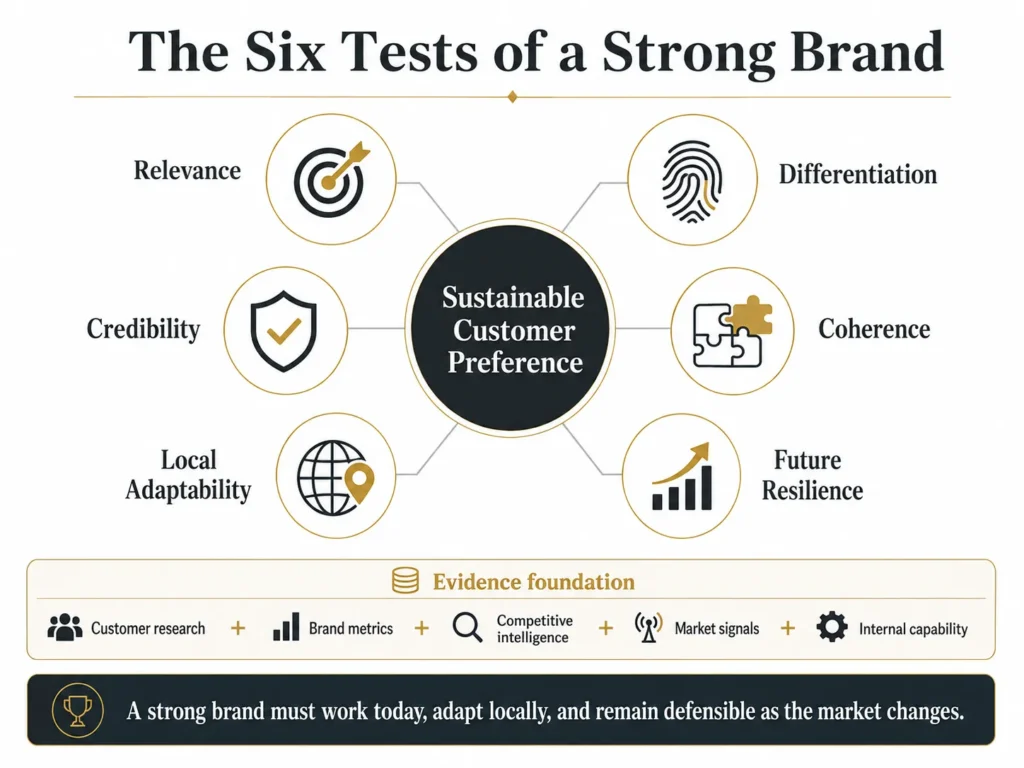 Framework de avaliação de consultoria de marca da Midas com seis testes — relevância, diferenciação, credibilidade, coerência, adaptabilidade local e resiliência futura — em torno da preferência sustentável do cliente, sustentada por pesquisa, métricas, inteligência competitiva, sinais de mercado e capacidade interna.