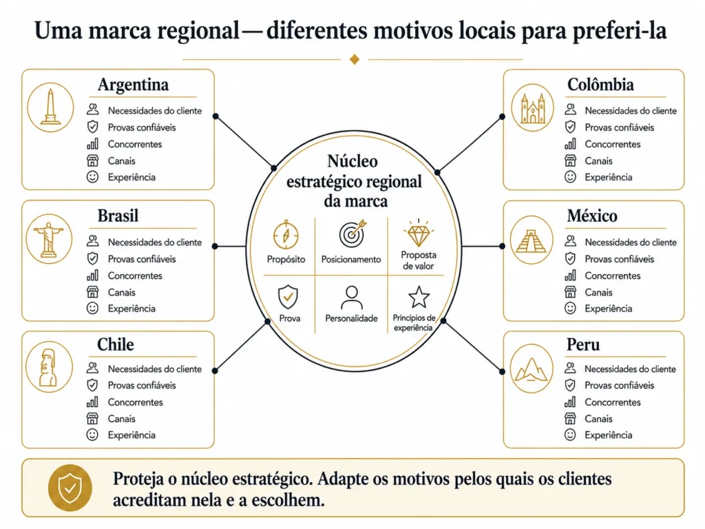 Framework de estratégia de marca regional da Midas, com um núcleo estratégico central conectado à Argentina, Brasil, Chile, Colômbia, México e Peru, mostrando como propósito, posicionamento, valor, evidências, personalidade e experiência são adaptados às necessidades dos clientes locais e às realidades competitivas