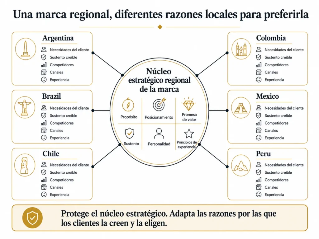 Marco de estrategia regional de marca de Midas con un núcleo estratégico central conectado con Argentina, Brasil, Chile, Colombia, México y Perú, que muestra cómo el propósito, el posicionamiento, el valor, las pruebas, la personalidad y la experiencia se adaptan a las necesidades locales de los clientes y a las realidades competitivas.