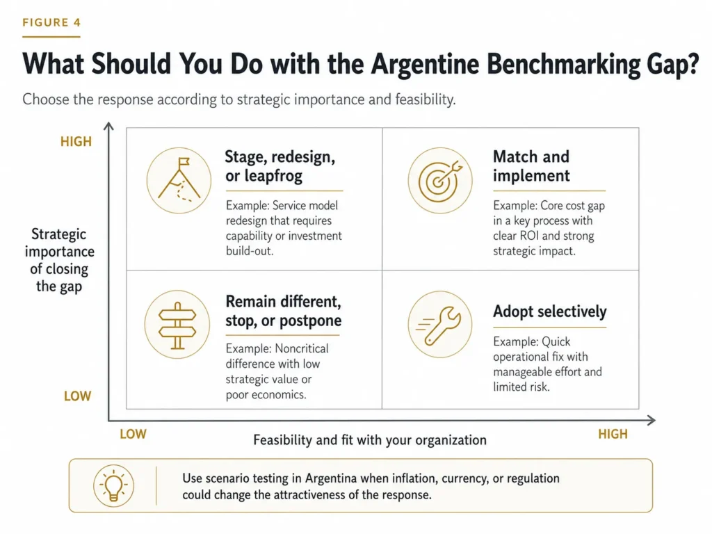 Midas two-by-two Argentina benchmarking matrix prioritizing normalized gaps by strategic importance and feasibility, with options to match, stage, leapfrog, adopt selectively, remain different, or stop.