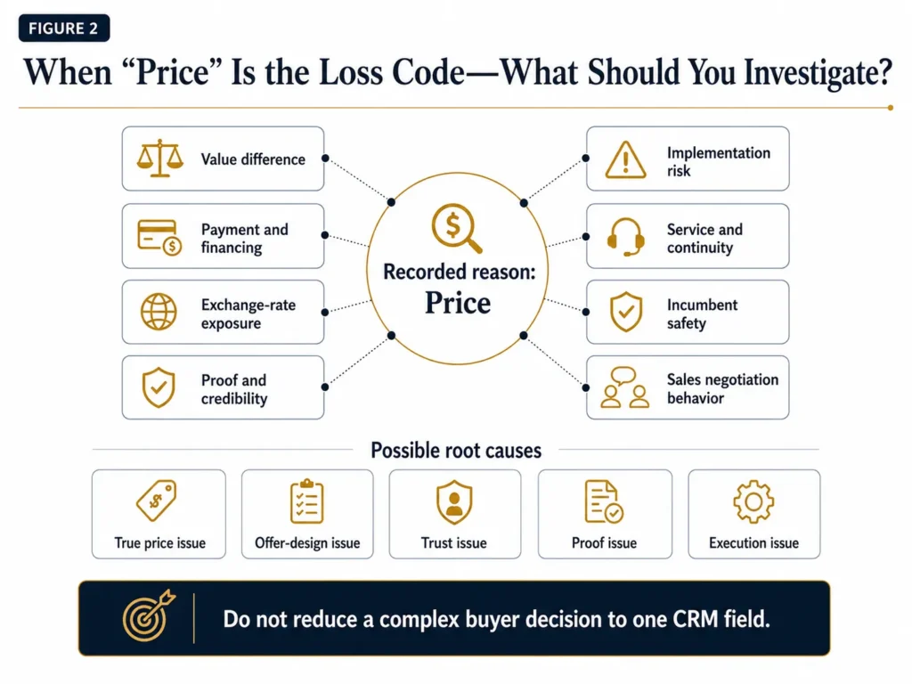 Midas win-loss diagnostic starting with the CRM loss code price and testing value difference, payment terms, exchange exposure, proof, implementation risk, service continuity, incumbent confidence, and negotiation behavior.