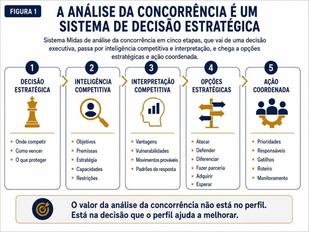 Sistema de análise de concorrência da Midas em cinco etapas, que avança de uma decisão executiva pela inteligência e interpretação dos concorrentes até opções estratégicas e ação coordenada.