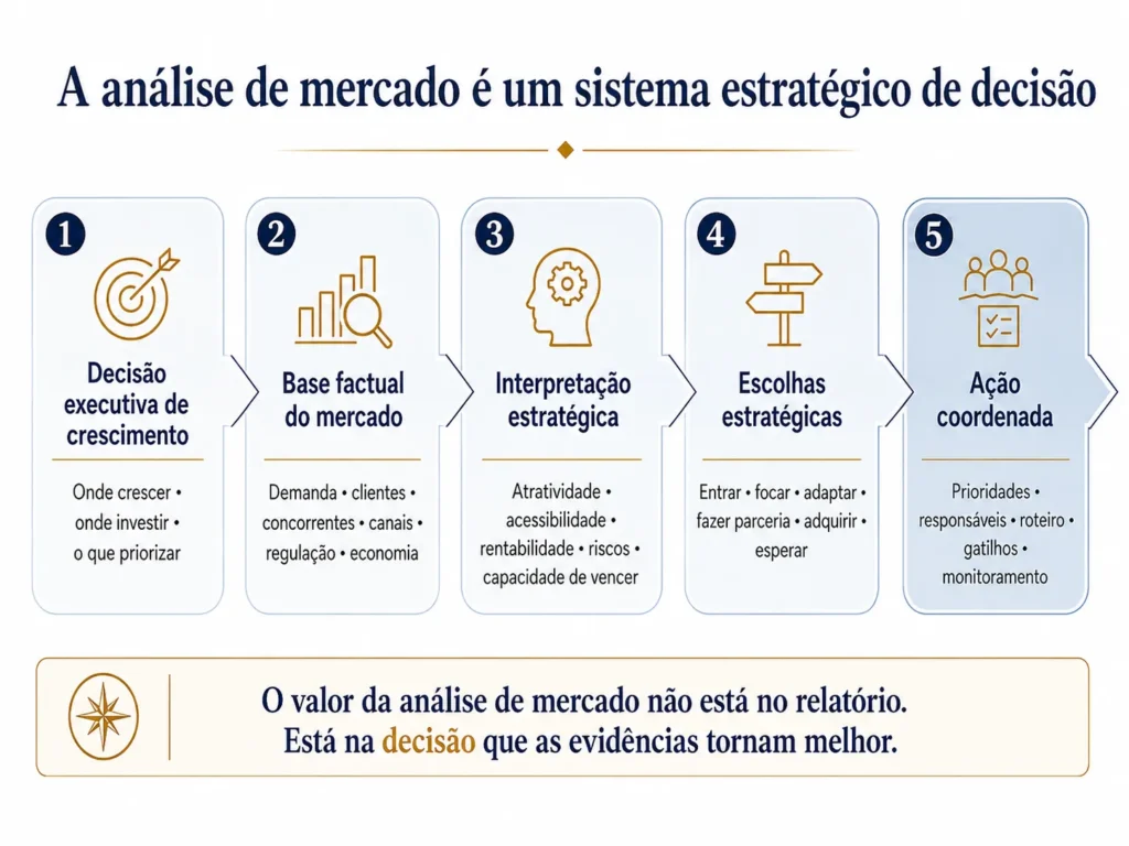 Sistema de análise de mercado da Midas em cinco etapas, passando de uma decisão executiva de crescimento pela base factual do mercado e pela interpretação estratégica até escolhas e ação coordenada.