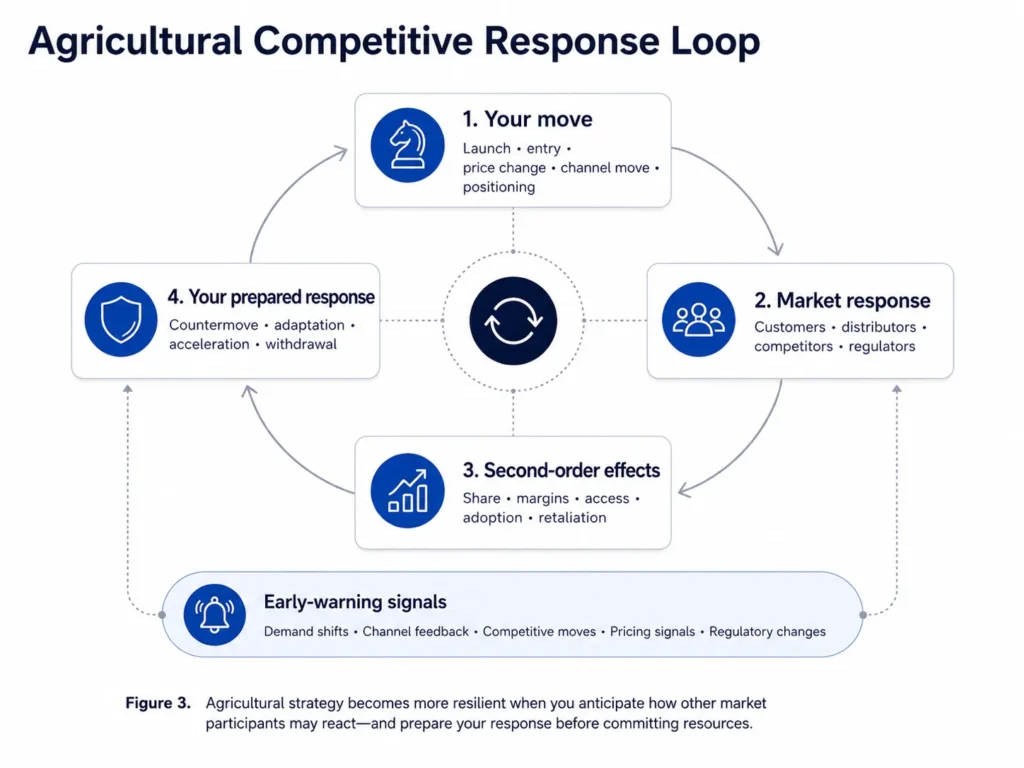 Midas agricultural competitive response loop connecting company moves with customer distributor competitor and regulatory reactions, second-order effects, countermoves, and early-warning signals.