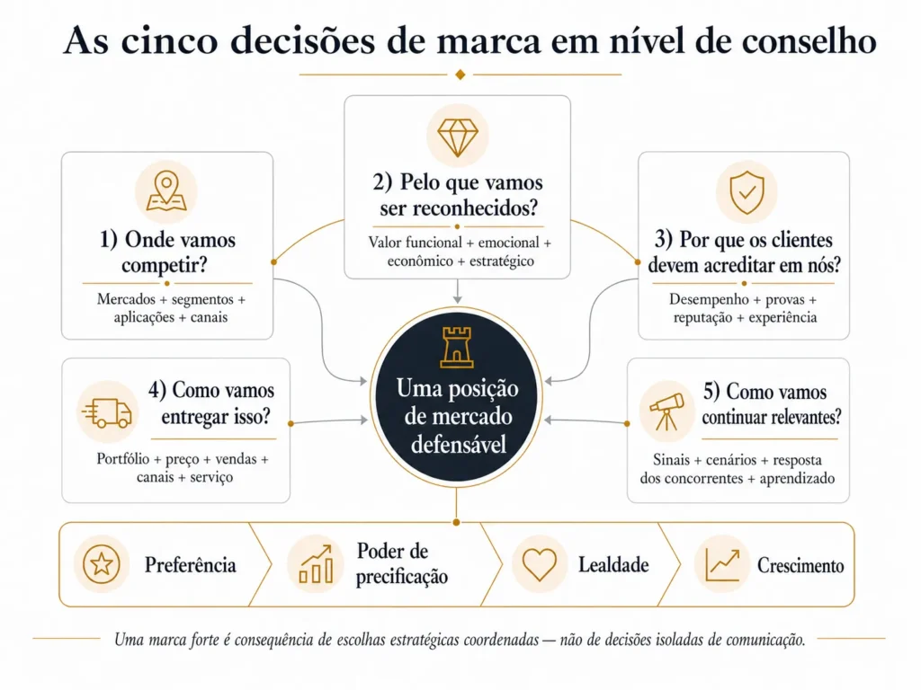 Cinco decisões de marca da Midas em nível de conselho: onde competir, o que a marca deve representar, por que os clientes devem acreditar nela, como a organização deve entregar a promessa e como a marca continuará relevante, gerando um posicionamento de mercado defensável, preferência do cliente, poder de precificação, lealdade e crescimento.