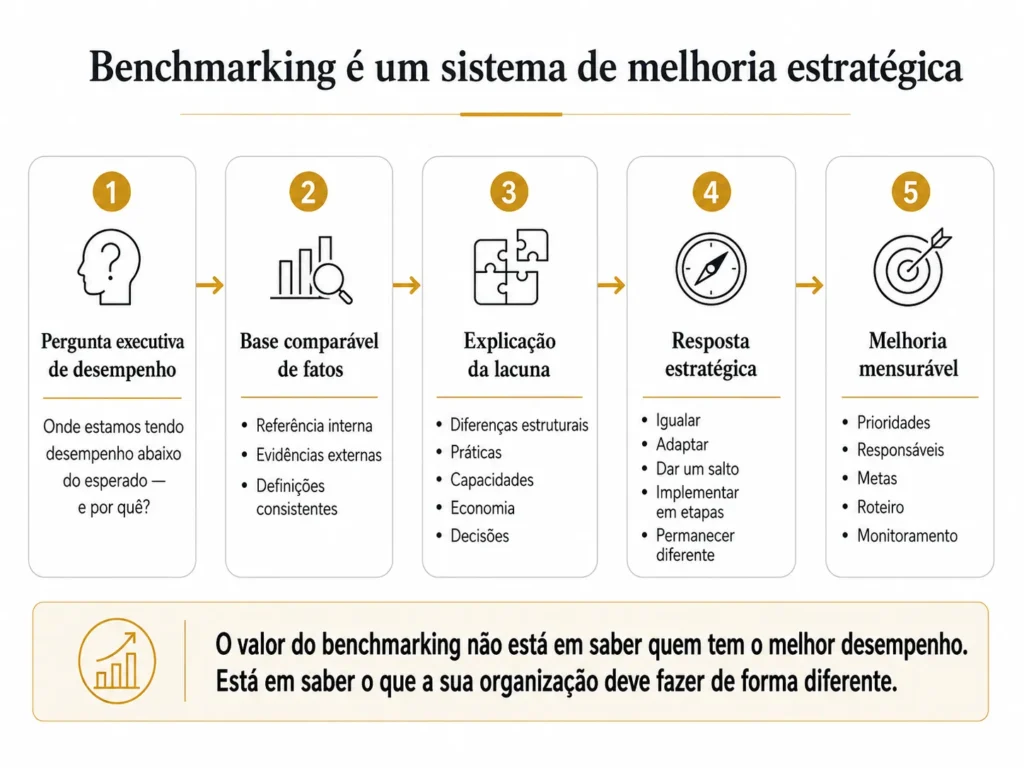 Sistema de benchmarking da Midas em cinco etapas, passando de uma questão executiva de desempenho por uma base factual comparável e pela explicação da lacuna até uma resposta estratégica e uma melhoria mensurável.