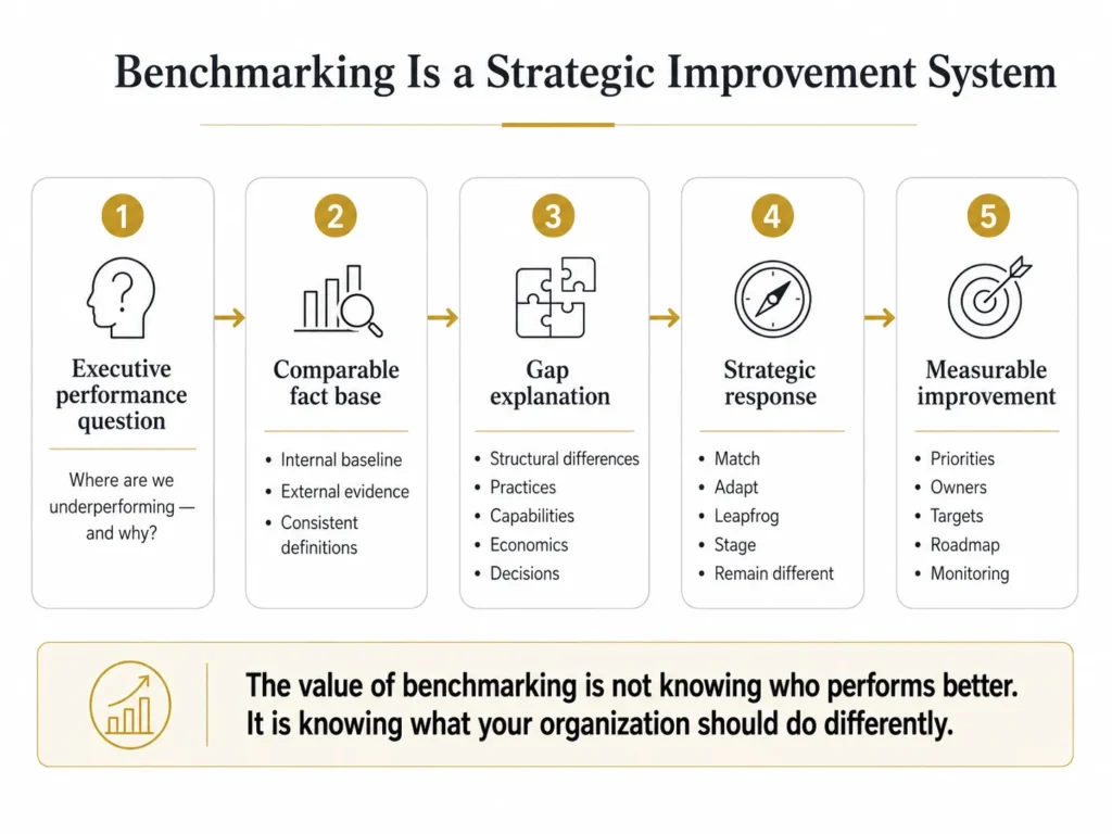 Five-stage Midas benchmarking system moving from an executive performance question through a comparable fact base and gap explanation to strategic response and measurable improvement.