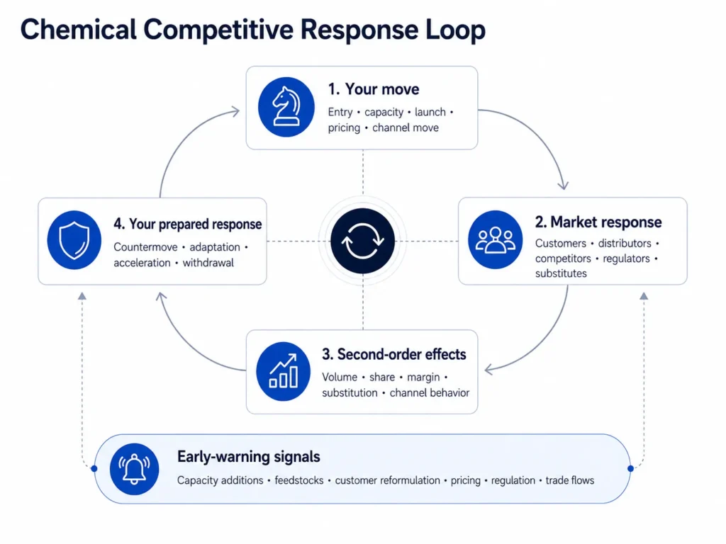 Midas’ chemical competitive response loop connecting supplier moves with customer distributor competitor regulatory and substitution reactions, second-order effects, prepared countermoves, and early-warning signals.