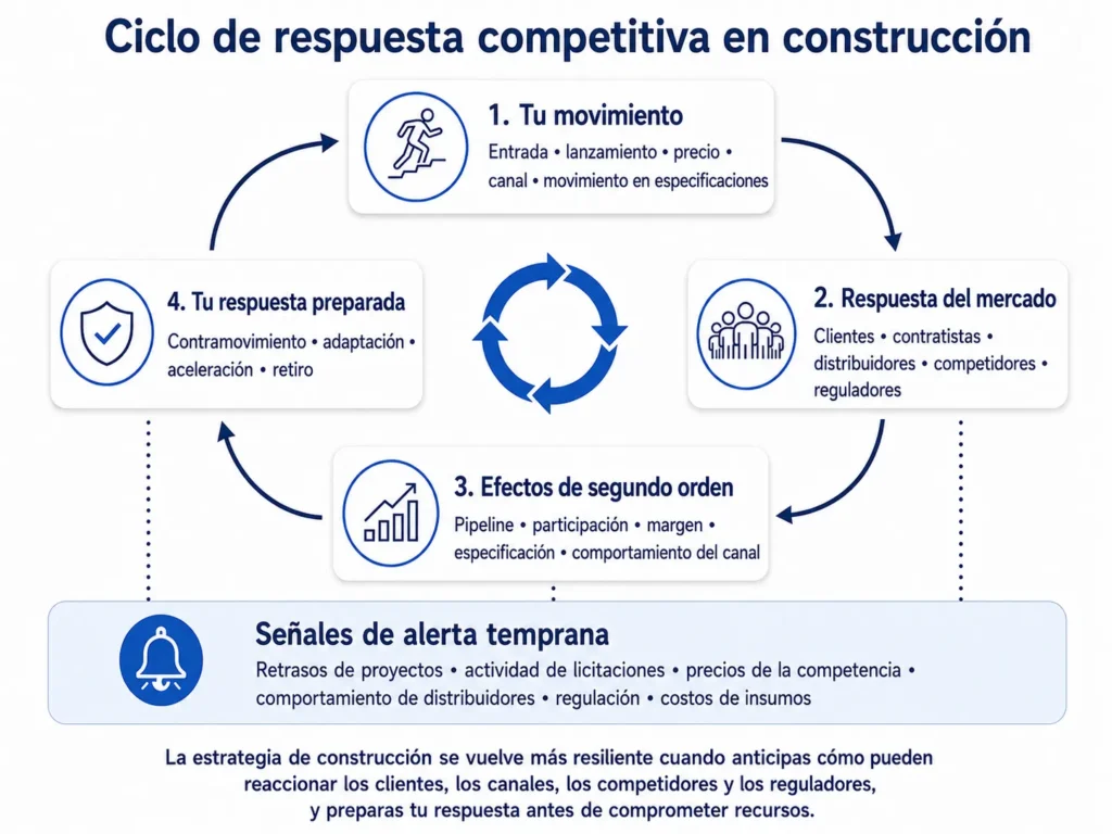 Bucle de respuesta competitiva en construcción de Midas que conecta los movimientos de los proveedores con las reacciones de clientes, contratistas, distribuidores, competidores y reguladores; efectos de segundo orden, contramedidas preparadas y señales de alerta temprana.