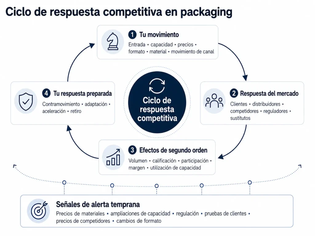 Ciclo de respuesta competitiva de packaging de Midas que conecta los movimientos del proveedor con las reacciones de clientes, distribuidores, competidores, reguladores y sustitución de materiales, los efectos de segundo orden, los contraataques preparados y las señales de alerta temprana.