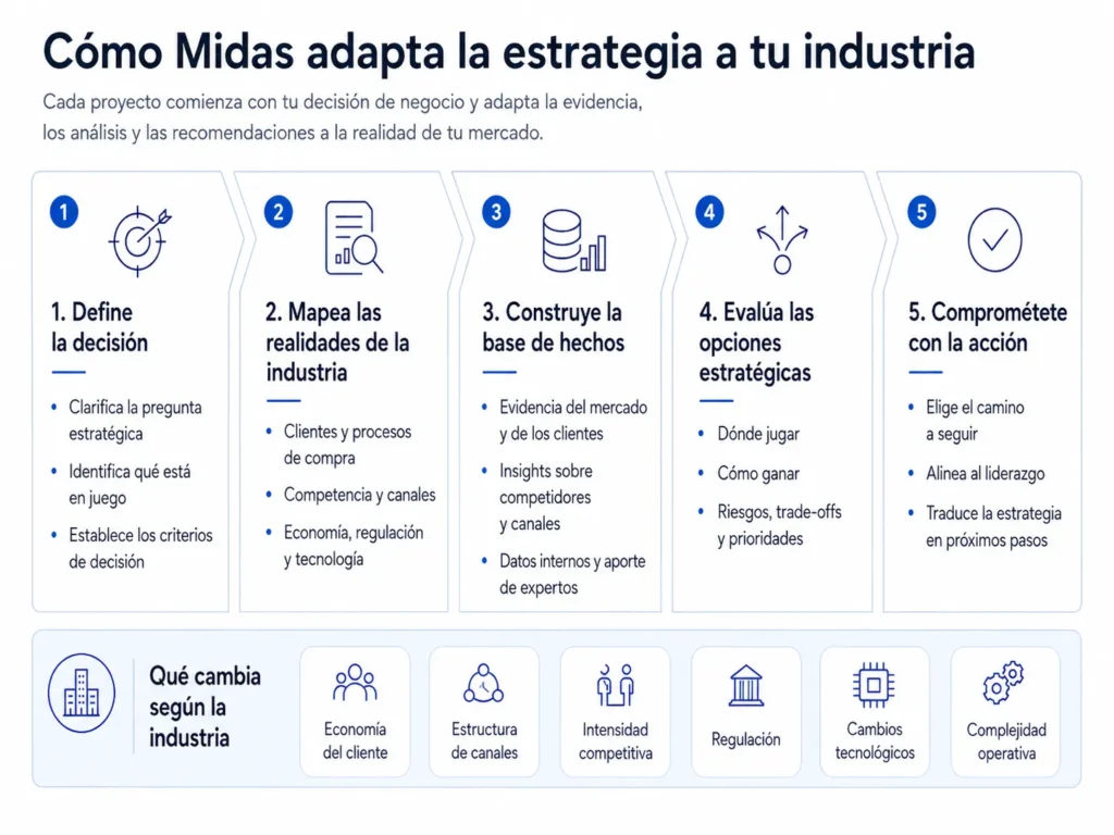 Proceso de consultoría estratégica que muestra cómo Midas adapta la estrategia a cada industria, desde la definición de la decisión hasta el compromiso con la acción.