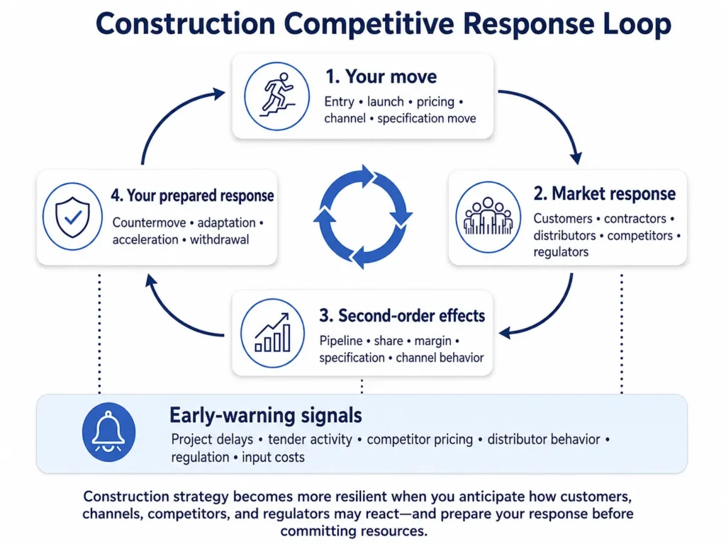 Ciclo de resposta competitiva da Midas para construção conectando movimentos do fornecedor a reações de clientes, empreiteiros, distribuidores, concorrentes e reguladores, efeitos de segunda ordem, contramovimentos preparados e sinais de alerta antecipado.