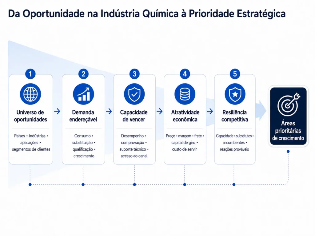 Funil de priorização da Midas para Consultoria na Indústria Química, que parte de países, setores, aplicações e segmentos de clientes e avança por demanda endereçável, capacidade de vencer, economia e resiliência competitiva até chegar às arenas prioritárias de crescimento.