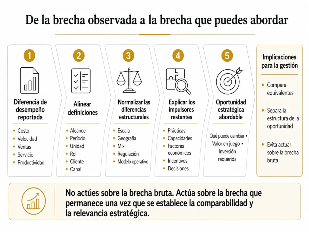 Embudo de benchmarking de Midas en cinco etapas, que avanza desde una diferencia de desempeño observada, pasando por la alineación de definiciones, la normalización y el análisis de sus generadores, hasta una oportunidad estratégica abordable.
