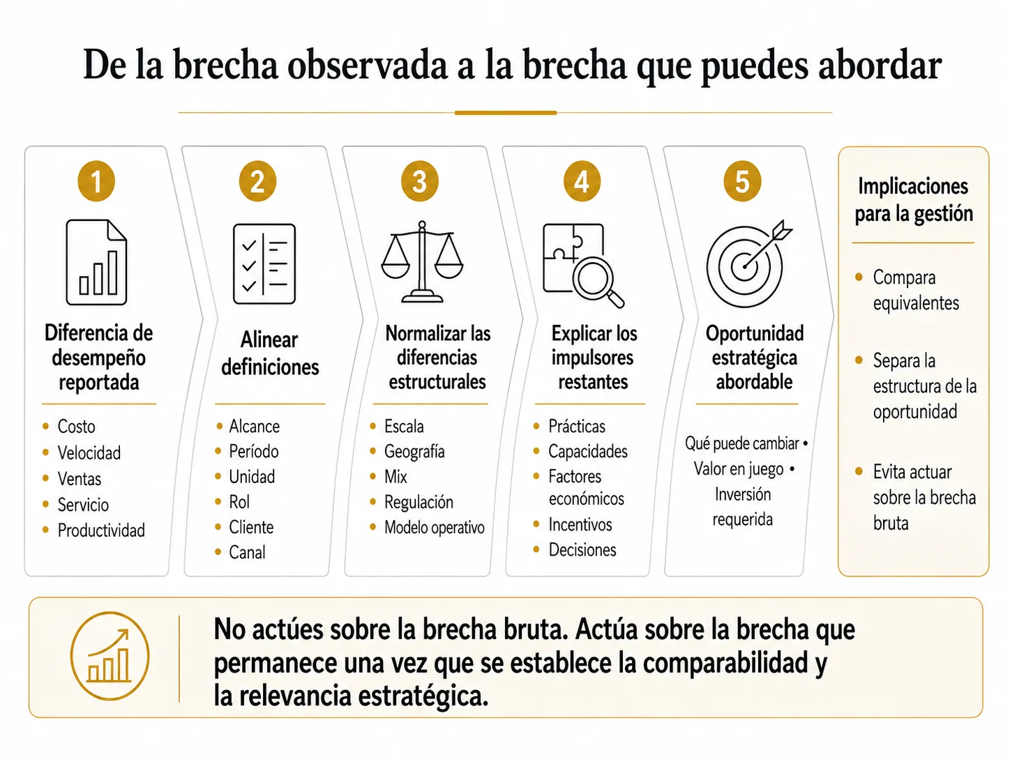 Embudo de benchmarking de Midas para Colombia en cinco etapas, que avanza desde una diferencia de desempeño observada, pasando por la alineación de definiciones, la normalización y el análisis de sus generadores, hasta una oportunidad estratégica abordable.