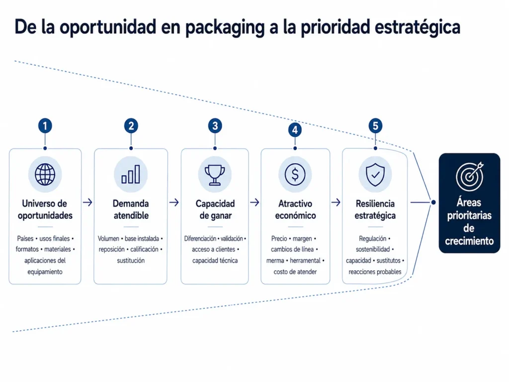 Embudo de priorización de la consultoría de Midas para la industria del packaging que avanza desde países, usos finales, formatos, materiales y aplicaciones de equipos, pasando por demanda accesible, capacidad para ganar, economía, encaje de capacidad y resiliencia estratégica, hasta áreas prioritarias de crecimiento.