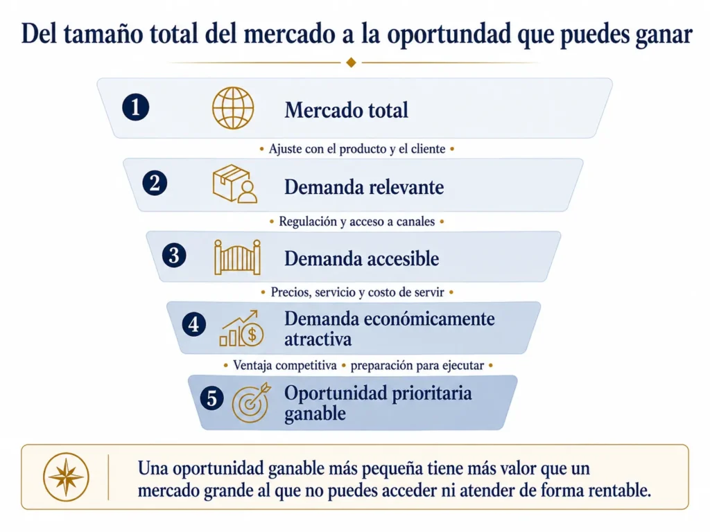 Embudo de oportunidades de mercado de Midas en cinco etapas, que avanza desde el tamaño total del mercado hasta la demanda relevante, accesible, económicamente atractiva y prioritaria que puede ganarse.