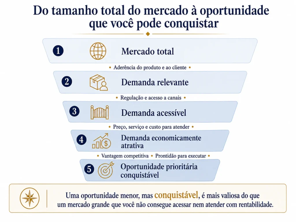 Funil de oportunidades de mercado da Midas em cinco etapas, passando do tamanho total do mercado por demanda relevante, acessível, economicamente atraente e prioritária com potencial de vitória.